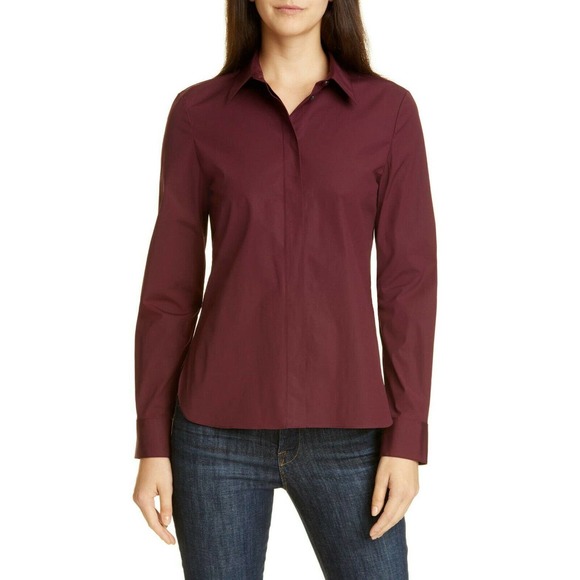 Theory Tops - Theory Classic Fitted Stretch Cotton Collar Dress Shirt Women Petite Maroon $225